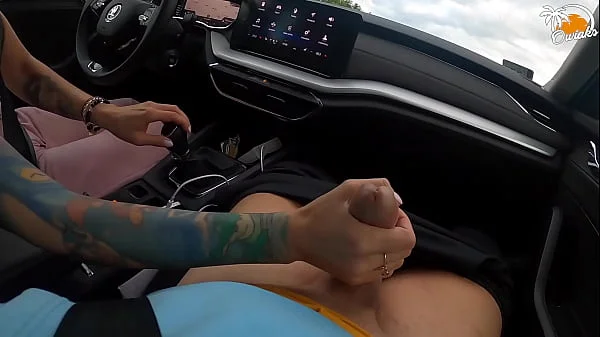 Wife gives amazing handjob while driving a car!