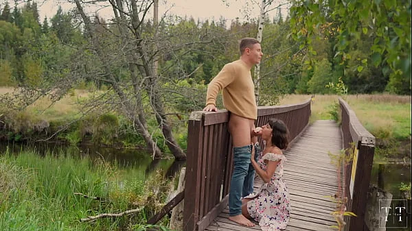 Cum all over his fiancée's tits in the woods