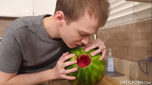 My stepsister catches me fucking a watermelon and then she wants to give me a blowjob