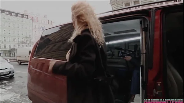 Three sexy chicks took horny guy on the streets and fuck with him in their red fuck bus