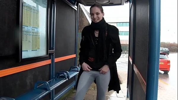 Horny girl pisses in leggings and shows her tits in public