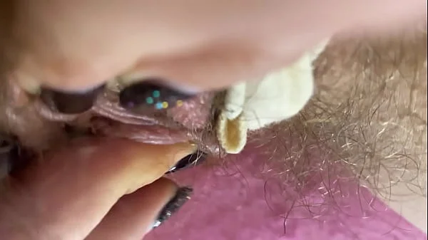 Extreme Closeup Big clit Rubbing orgasm wet hairy pussy