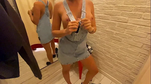 Trying leather clothes in Changing room and he Cum on my Big Boobs - Cock2squirt